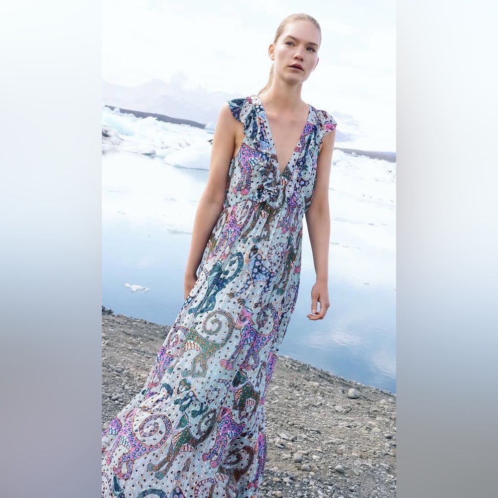 Oliphant Ruffle V-Neck Maxi in Capuchin Aqua | Size L